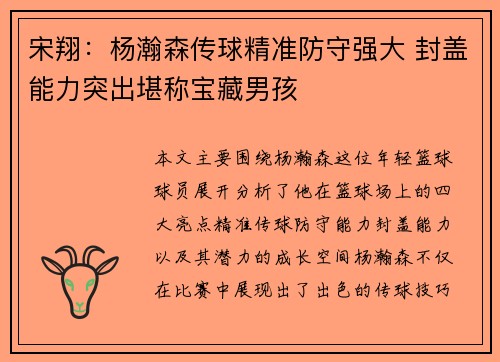 宋翔：杨瀚森传球精准防守强大 封盖能力突出堪称宝藏男孩